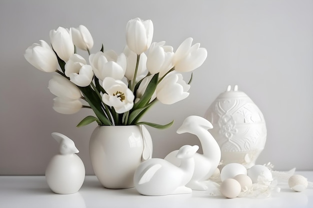 Osterstillleben mit Eiern Frühlingstulpen Blumen in einer Vase auf hellem Hintergrund Osterferienkonzept Traditionelle elegante Frühlingsdekoration Kopieren Sie Platz AI generiert