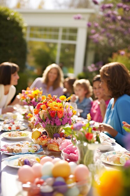 Foto osterszene ein lebhafter frühlingsgarten voller bunter blumen in voller blüte