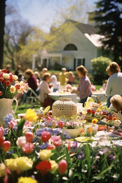 Foto osterszene ein lebhafter frühlingsgarten voller bunter blumen in voller blüte