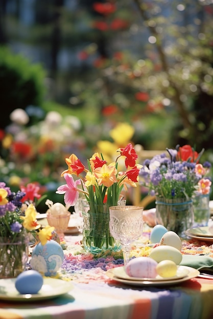 Foto osterszene ein lebhafter frühlingsgarten voller bunter blumen in voller blüte