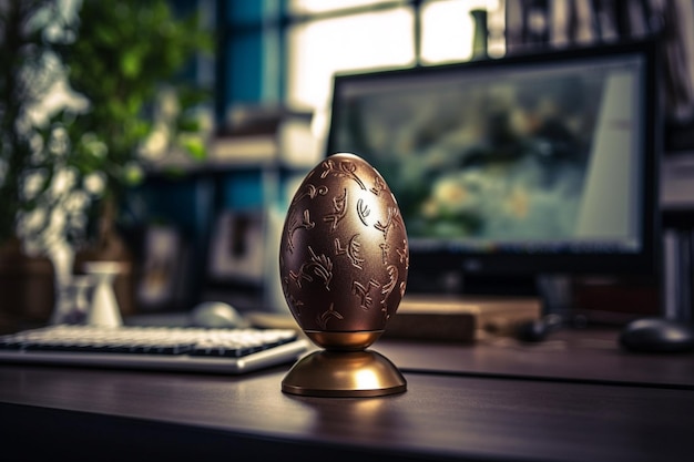 Ostertagskonzept im Schreibtisch mit Hasensüßigkeiten oder buntem dekorativem Ei Dekoration Ostern auf dem Tisch