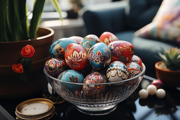 Ostertagskonzept im Wohnzimmer mit Kaninchen-Süßigkeiten oder farbenfrohen dekorativen Eiern Osterfeier