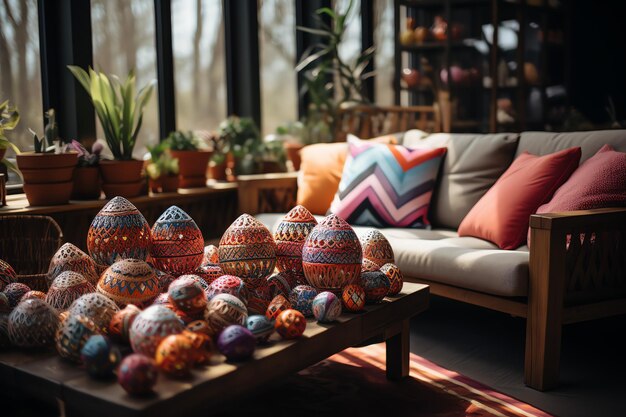 Ostertagskonzept im Wohnzimmer mit Kaninchen-Süßigkeiten oder farbenfrohen dekorativen Eiern Osterfeier