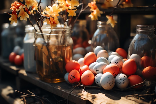 Ostertagskonzept im Wohnzimmer mit Kaninchen-Süßigkeiten oder farbenfrohen dekorativen Eiern Osterfeier