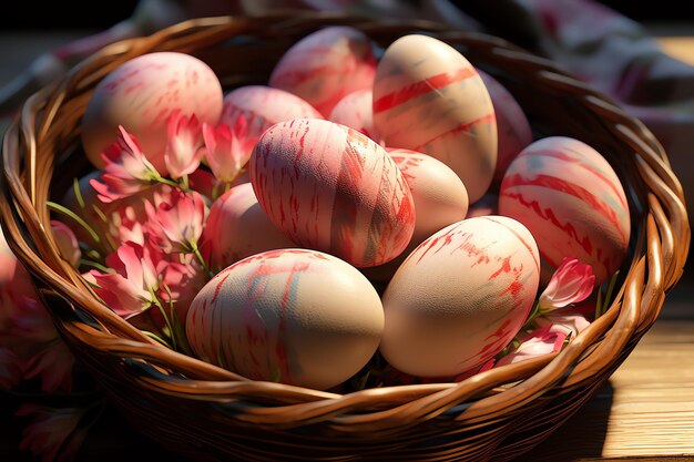 Ostertagskonzept im Wohnzimmer mit Kaninchen-Süßigkeiten oder farbenfrohen dekorativen Eiern Osterfeier