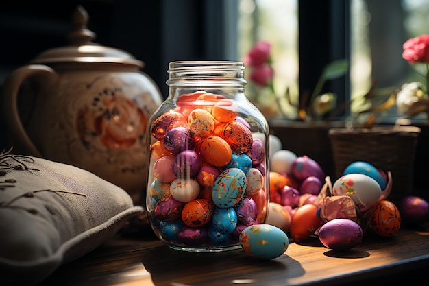 Ostertagskonzept im Wohnzimmer mit Kaninchen-Süßigkeiten oder farbenfrohen dekorativen Eiern Osterfeier