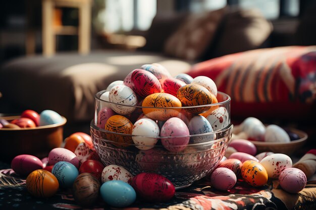 Ostertagskonzept im Wohnzimmer mit Kaninchen-Süßigkeiten oder farbenfrohen dekorativen Eiern Osterfeier