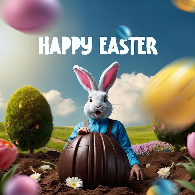 Ostervorlage mit Kaninchen und Schokolade-Eiern Raumtext für soziale Medien