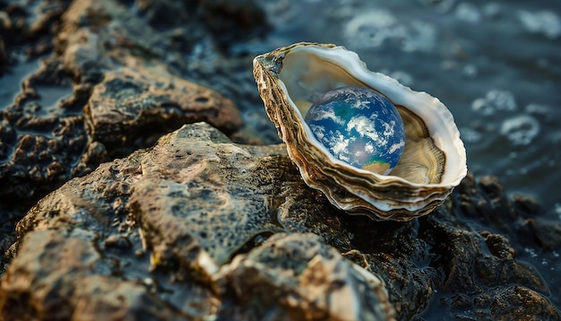 una ostra con el planeta Tierra como ostra en ella