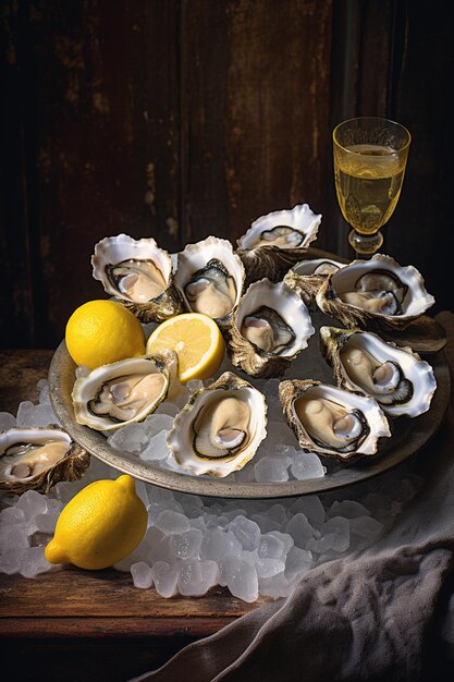 Foto ostras frescas em close-up num prato frutos do mar saudáveis comida requintada