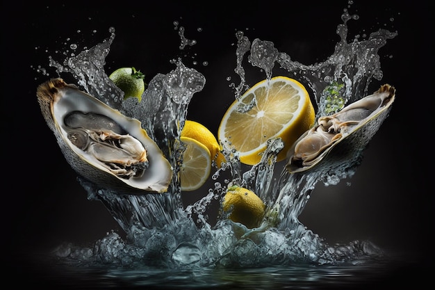 Ostras frescas em splash em um prato com gelo e limão Ilustração com ostras Generative AI