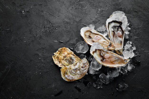 Ostras con hielo y limón sobre fondo de piedra negra Mariscos Vista superior Espacio de copia libre