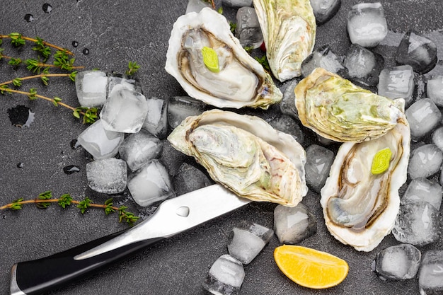 Ostras con hielo y verduras, limón y cuchillo sobre la mesa Fondo plano negro