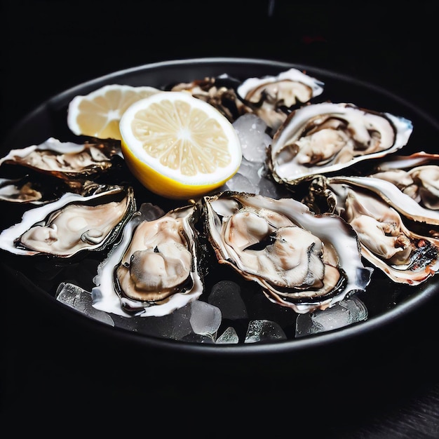 Ostras con limón servidas en una bandeja redonda negra mariscos de lujo.