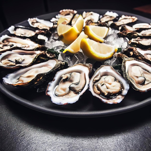 Ostras con limón servidas en una bandeja redonda negra mariscos de lujo.