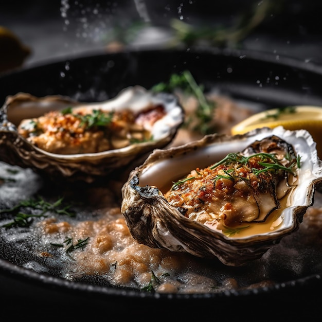 Ostras en un plato con limón y perejil