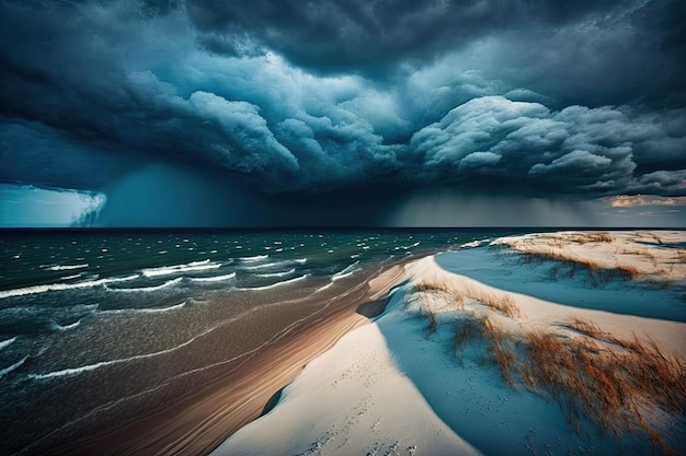 Ostsee in ominöse Wolken gehüllt Gewitter azurblauer Himmel Luftpanorama von der Küste aufgenommen Meereslandschaft Sturmsturm Zyklon schlechtes Wetter Klimawandel und Naturphänomene