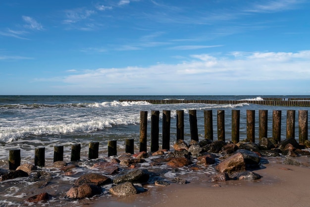 Ostsee und hölzerne Wellenbrecher des Stadtstrandes Gebiet Svetlogorsk Kaliningrad Russland