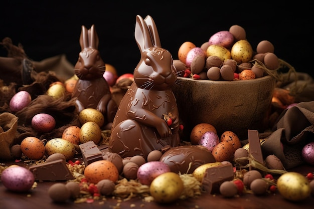 Ótima composição com ovos de chocolate e coelhos para a Páscoa.