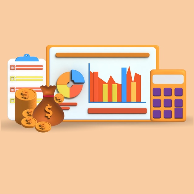 Otimização de SEO 3D, análise web e marketing de SEO com gráfico de negócios e calculadora com dinheiro