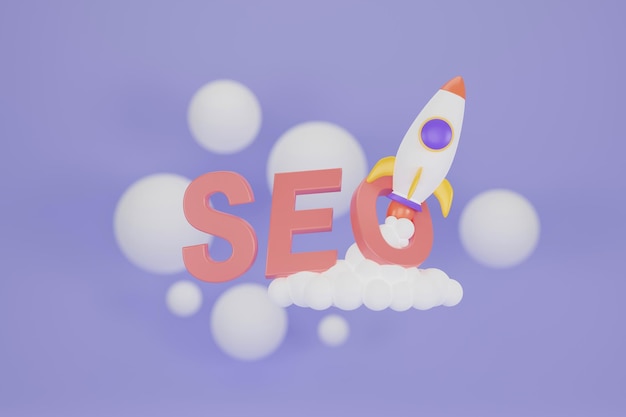 Otimização de SEO com foguete para conceito de mídia social de marketing Interface para estratégia de análise da web e planejamento de pesquisa Análise da Web e conceito de mídia social de marketing de seo renderização em 3d