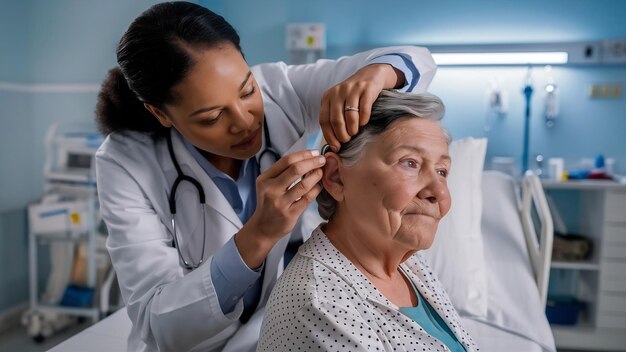 Foto otolaringologista colocando aparelho auditivo na orelha de uma mulher idosa no hospital