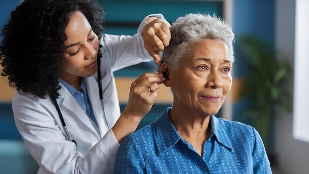 Foto otolaringologista colocando aparelho auditivo na orelha de uma mulher idosa no hospital