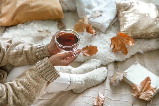 Otoño acogedor en casa, una mujer con un libro y té descansando. forma de vida acogedora.