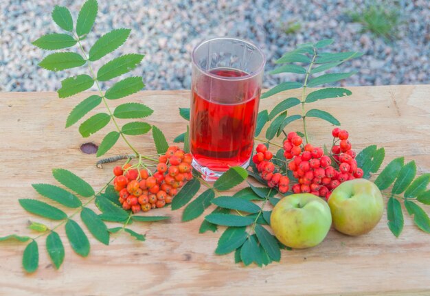 Otoño una bebida refrescante, bayas de fresno de montaña y manzanas.