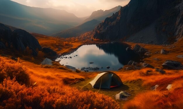 Otoño cálido y tranquilo en las montañas Carpa cerca del pequeño estanque en la hierba naranja IA generativa