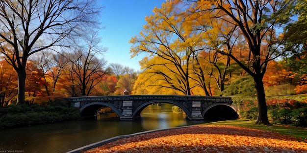 Otoño de Central Park y edificios en el centro de Manhattan, Nueva York