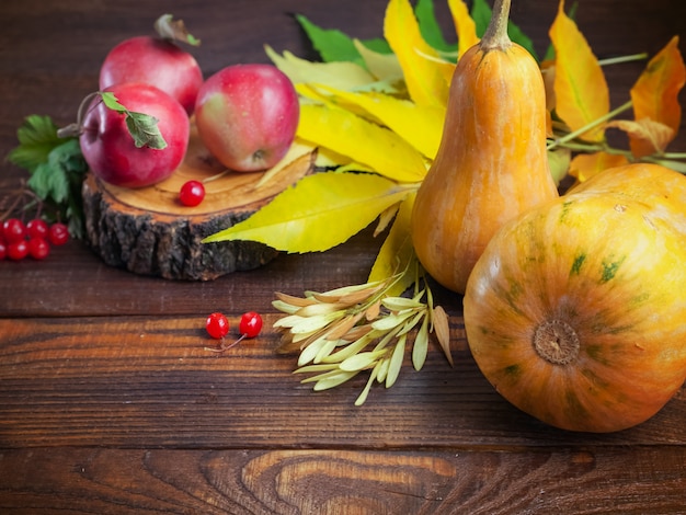 Otoño Día de Acción de Gracias Calabaza, manzanas, follaje amarillo, bayas viburnum, sobre un fondo con textura de madera