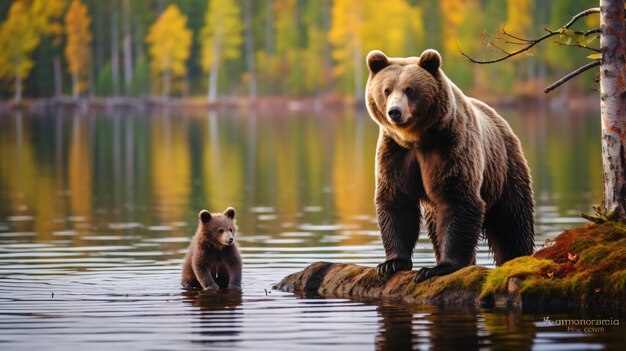 Otoño en Europa oso y crías en el lago forestal