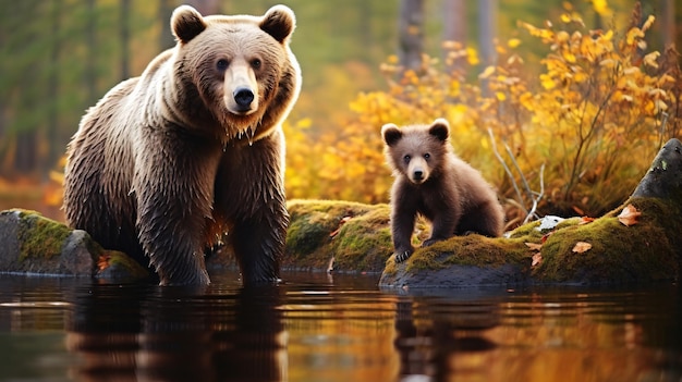Otoño en Europa oso y crías en el lago forestal