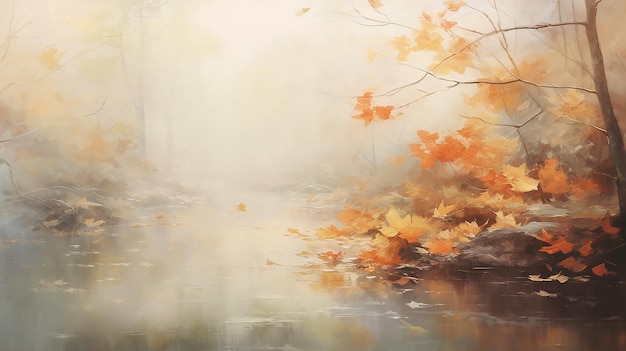 otoño fondo borroso bosque de la mañana en una niebla soleada hojas de otoño amarillas dibujando pintura de capa