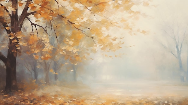 otoño fondo borroso bosque de la mañana en una niebla soleada hojas de otoño amarillas dibujando pintura de capa