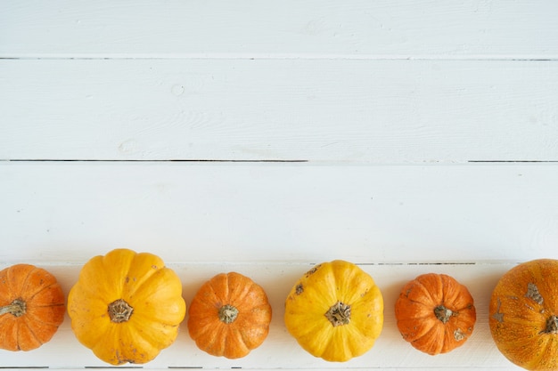 Otoño fondo de calabazas en una mesa de madera