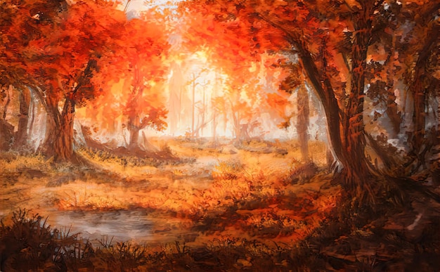 Otoño Hermoso bosque mágico fabulosos árboles amarillos. Paisaje forestal, los rayos del sol iluminan las hojas de naranja y las ramas de los árboles. Bosque mágico de otoño. Ilustración