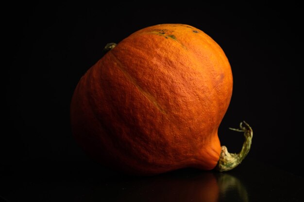 Otoño Hokkaido Pumpkin o Red Kuri sobre un fondo negro. Foto de concepto de comida vegetal fresca