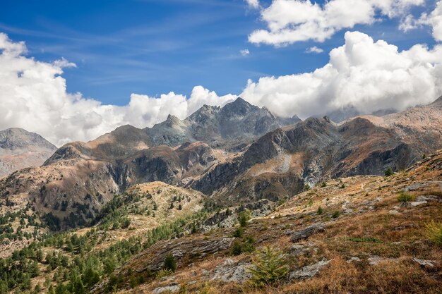 Foto el otoño las laderas de granito amarillentas los árboles enanos raros las cimas de las montañas las nubes blancas el cielo azul aosta