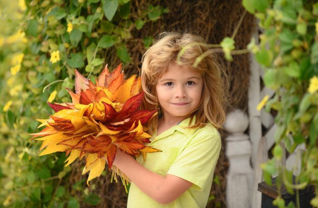 Otoño niños retrato closeup otoño estado de ánimo feliz sonriente lindo niño con hojas de arce amarillas en otoño