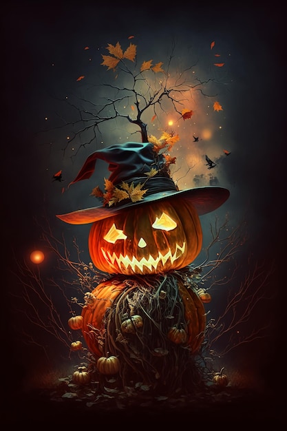 Otoño noche de Halloween una calabaza con sombrero