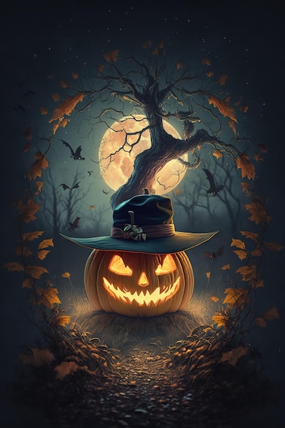 Otoño noche de Halloween una calabaza con sombrero