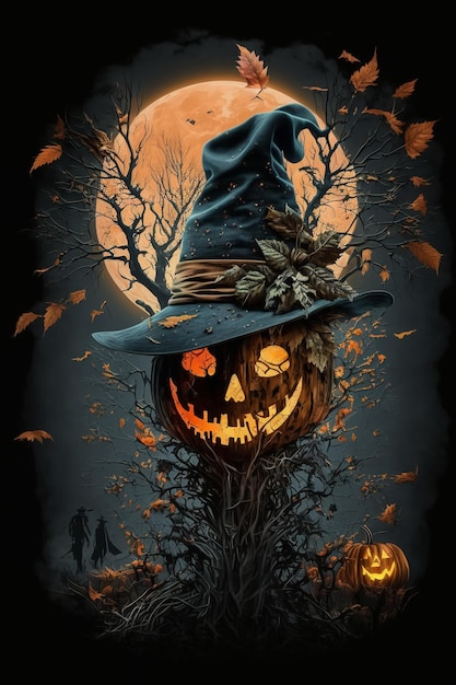 Otoño noche de Halloween una calabaza con sombrero