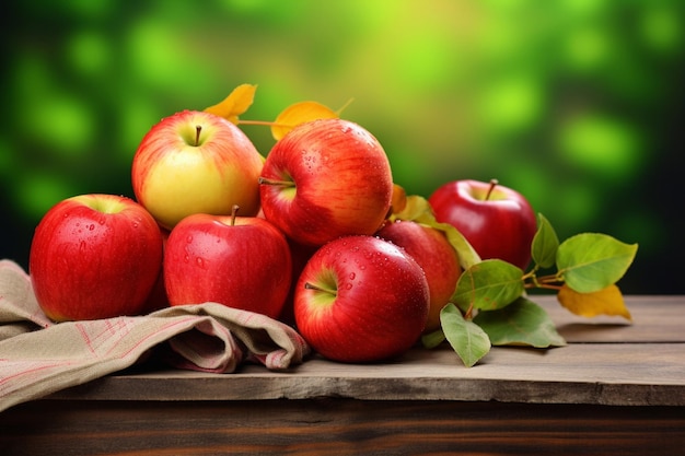 Foto el otoño ofrece manzanas frescas en la mesa de madera y en las ramas de los árboles