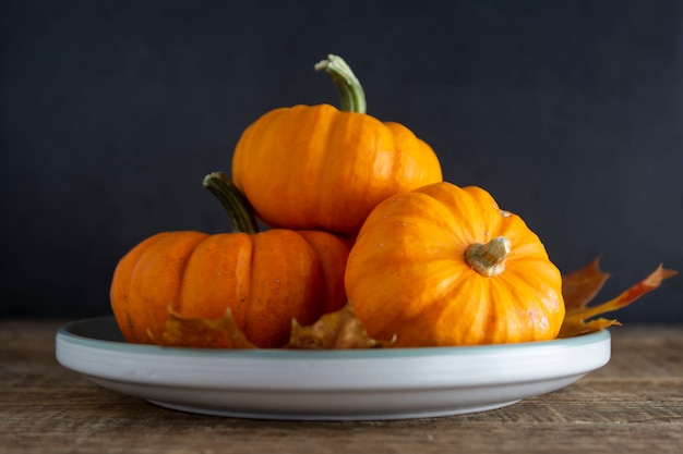 Otoño, otoño, acción de gracias con calabaza naranja en plato sobre madera rústica