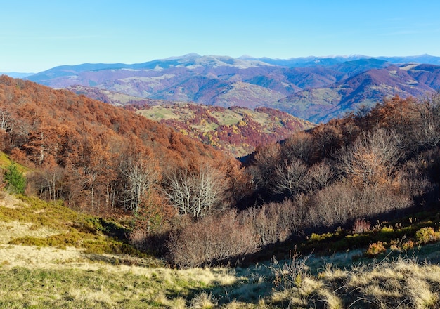 Otoño paisaje de montaña de los Cárpatos con laderas de colores.