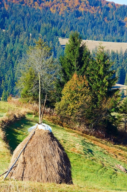 Otoño paisaje de montaña con pajar en pendiente