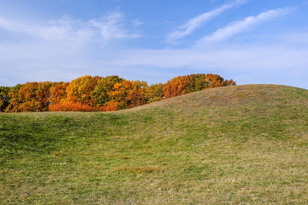 Otoño paisaje montañoso con árboles amarillos y rojos contra el cielo azul