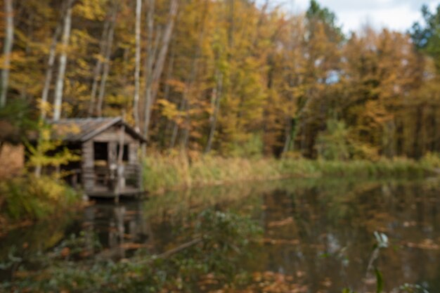 Otoño paisaje rural - robles otoñales cerca del estanque y casita solitaria